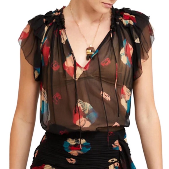 Ulla Johnson Marilyn Flutter Sleeve Silk Printed Top Black NWT - Picture 1 of 9